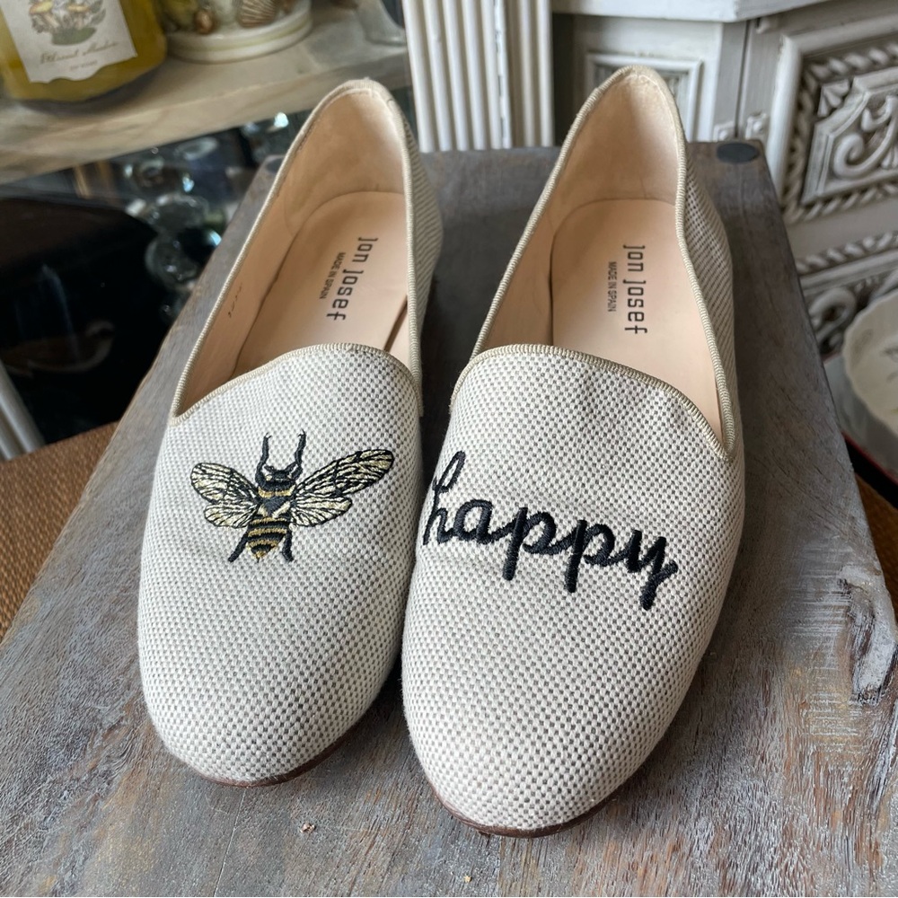 Jon Josef Bee Happy Flats 7 Cream Loafers Embroidery